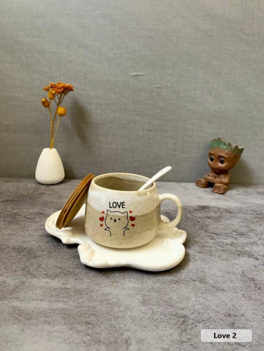 Fancy ceramic mug with wooden lid and spoon - an attractive gift