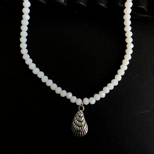  White Crystal Beaded Necklace with Shell / Pinecone Metal Pendant