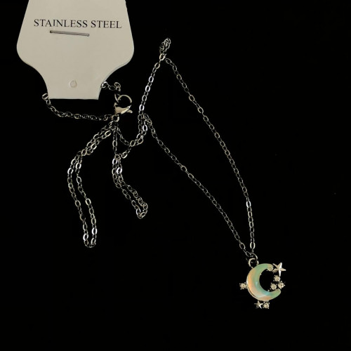  Moon and Star Pendant Necklace with Opal Effect