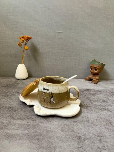 Fancy ceramic mug with wooden lid and spoon - an attractive gift