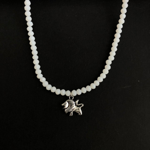  White Crystal Beaded Necklace with Silver Winged Lion Pendant