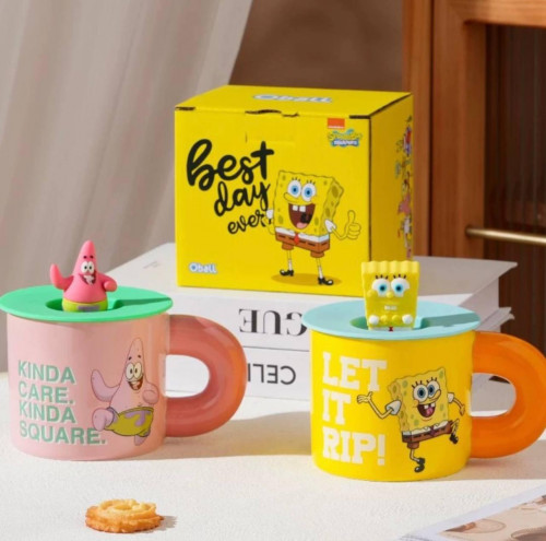 Silicone lid mug with SpongeBob and Patrick fantasy design