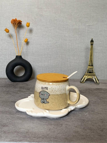Fancy ceramic mug with wooden lid and spoon - an attractive gift