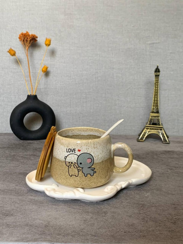 Fancy ceramic mug with wooden lid and spoon - an attractive gift
