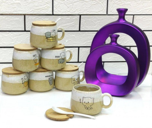 Fancy ceramic mug with wooden lid and spoon - an attractive gift